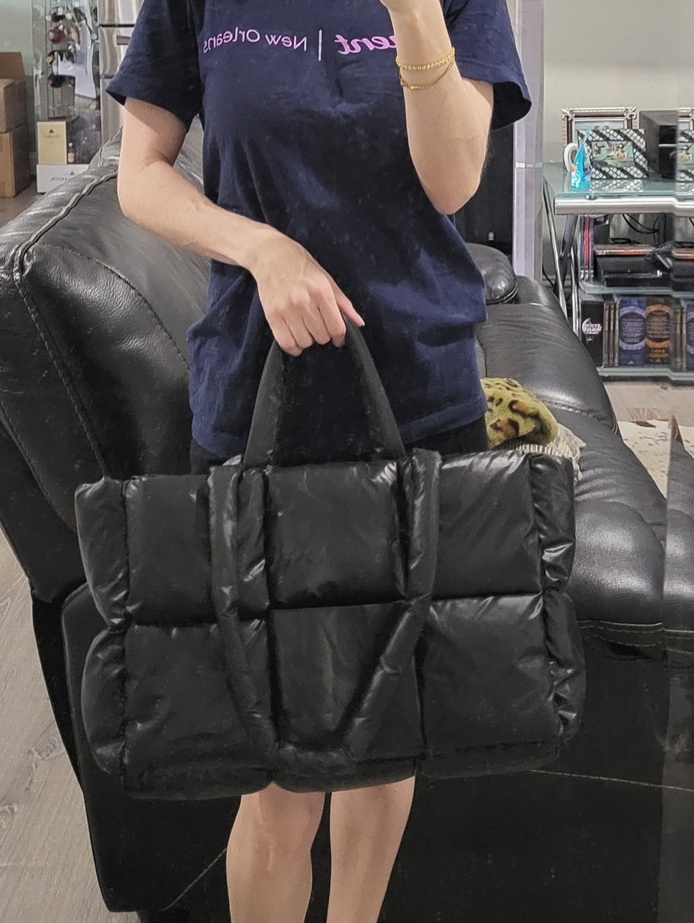 black puffer puffy bag with double handle